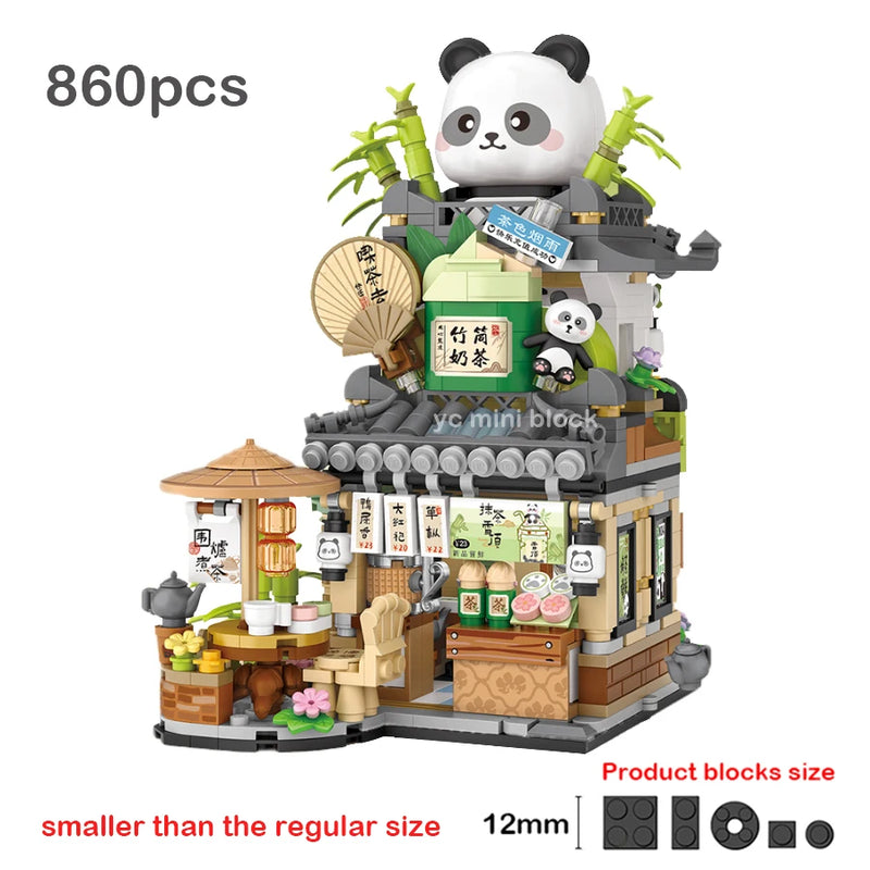 New Cute Little Bear Cafe Flower Shop Panda Tea House Mini Folding Building Block DIY Assembly Puzzle Toys For Kids Adults Gifts