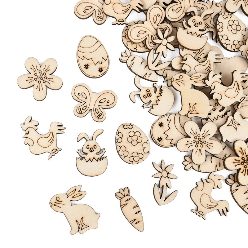 50/100pcs Easter Wooden Crafts Ornament Rabbit Eggs Kids Painting DIY Wood Slice 2025 Spring Easter Party Home Table Decoration