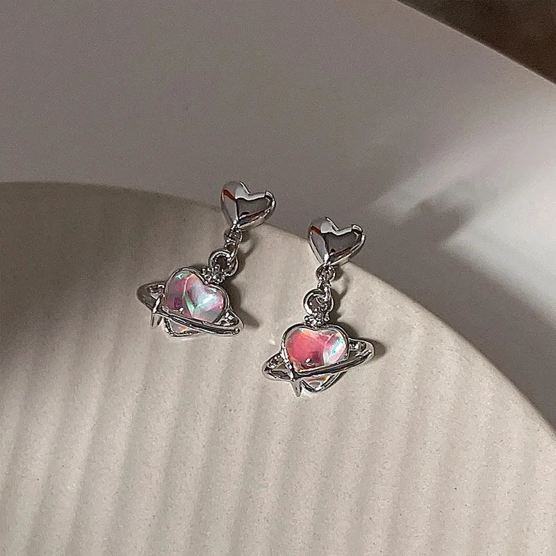 2023 New Laser Opal Love Heart Crystal Planet Drop Earrings for Women Sweet Romantic Dangle Earrings Trend Y2K Jewelry