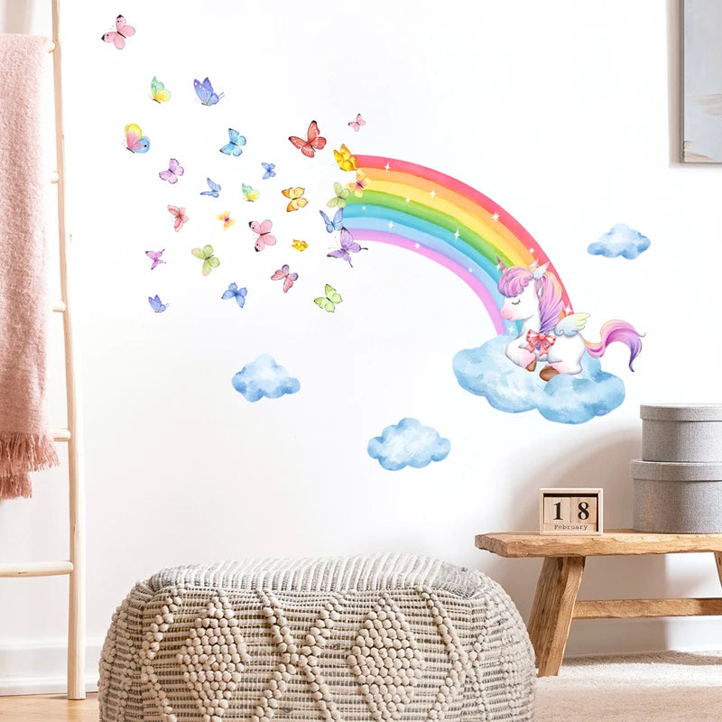 Unicorn Rainbow Cloud and Butterfly Wall Sticker Background Wall Living Room Decoration