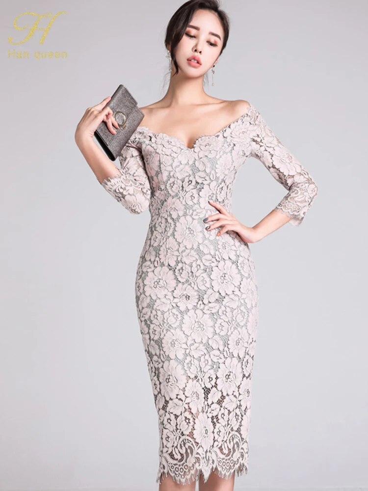 H Han Queen Korean Style Elegant Lace Pencil Bodycon Dress Women 2018 Sexy Special Occasion Dresses Slim Cold Shoulder Vestidos
