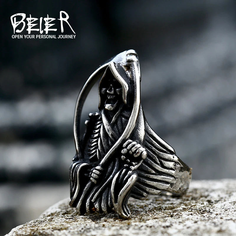 Beier 2022 New Designs 316L Stainless Classic Hell Skull Grim Reaper Men's Ring Punk Party High Quality Jewellery LLBR8-143R