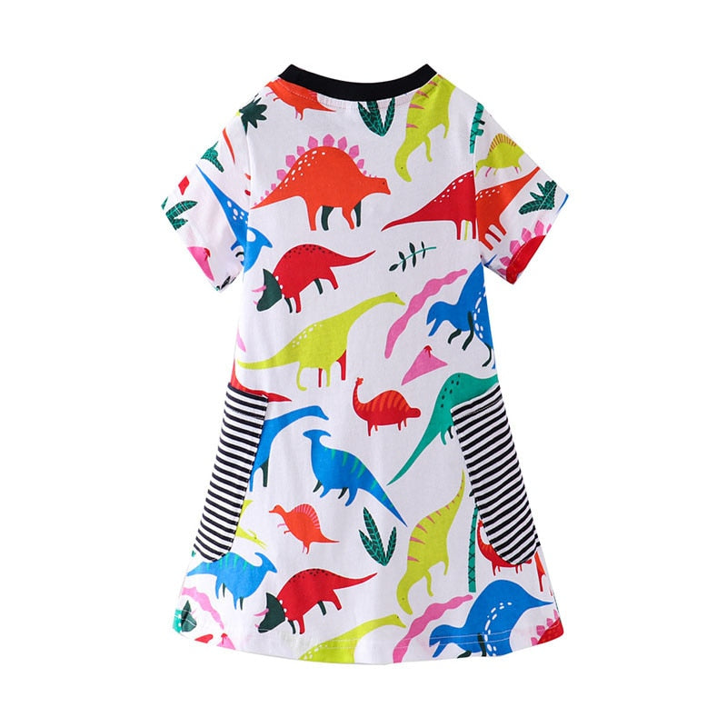 Jumping Meters Summer Cotton Baby Girls Dresses With Dinosaurs Print Pockets Children&