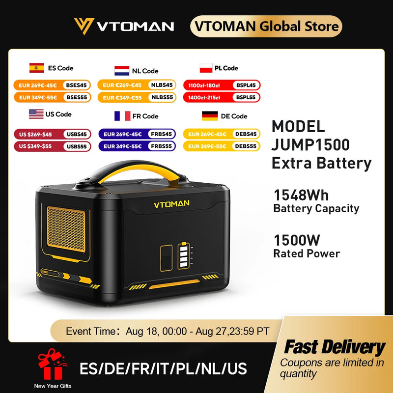 VTOMAN Jump 1500 Extra Battery 1548Wh, Backup LiFePO4 (LFP) Battery Jump 1000 & Jump 1500X & Jump 1800 Power