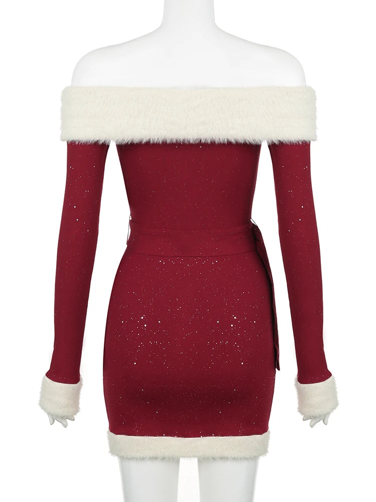 IAMSURE Christmas Party Dress Slim Patchwork Fur Trim Bodycon Dress With Belt Casual Slash Neck Long Sleeve Mini Dresses Women