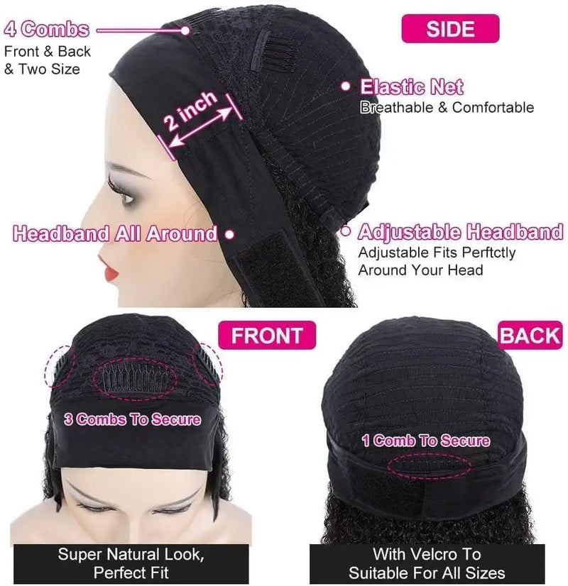 Full Machine Made Bling Hair Headband Wig 180% Density Brazilian Remy Kinky Curly Human Hair For Black Women 100% Human Hair