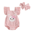 Baby Girls Rompers Easter Clothes Rabbit Embroidery Fly Sleeve Infant Bodysuits Jumpsuits with Headband