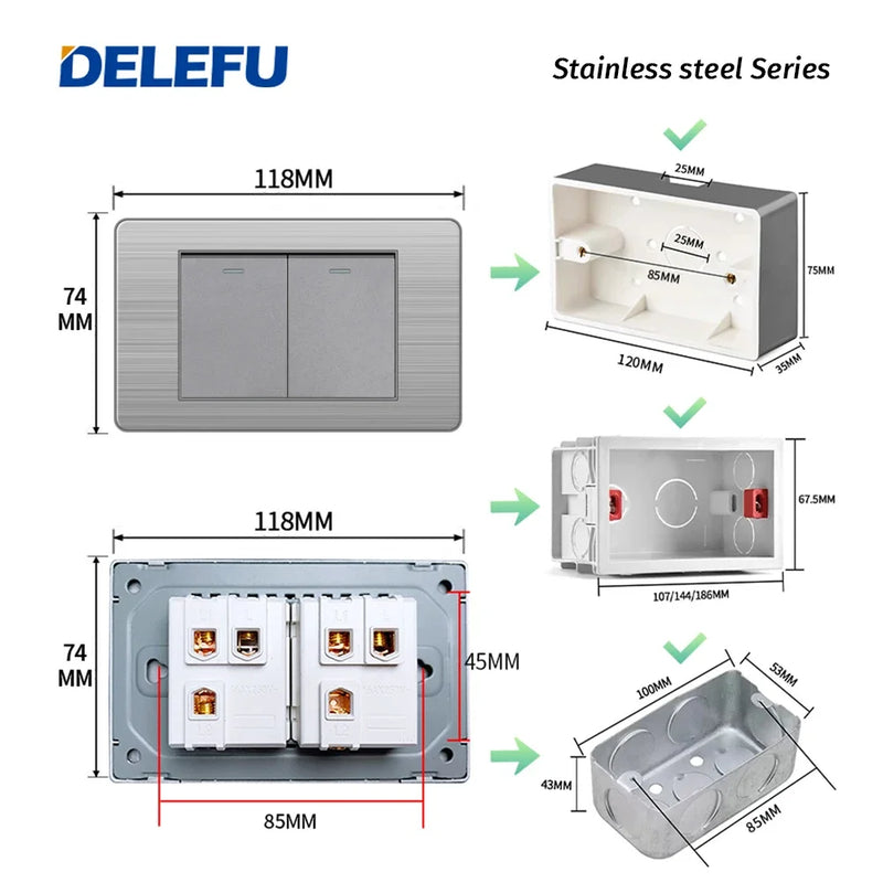 DELEFU Grey Stainless Steel Panel Brazil Standard Outlet Double USB Type C Wall Power Socket Light Switch Office 4*2 10A 20A