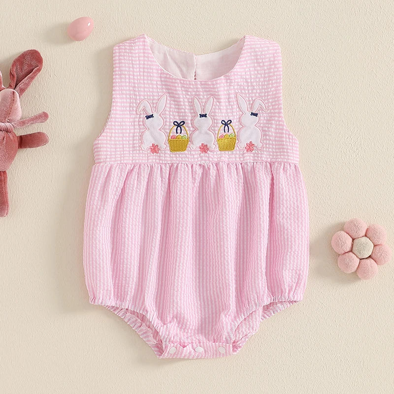 Toddler Girls Easter Outfits Bunny Embroidered Sleeveless Rompers Round Neck Infant Bodysuits Jumpsuits Spring Clothes