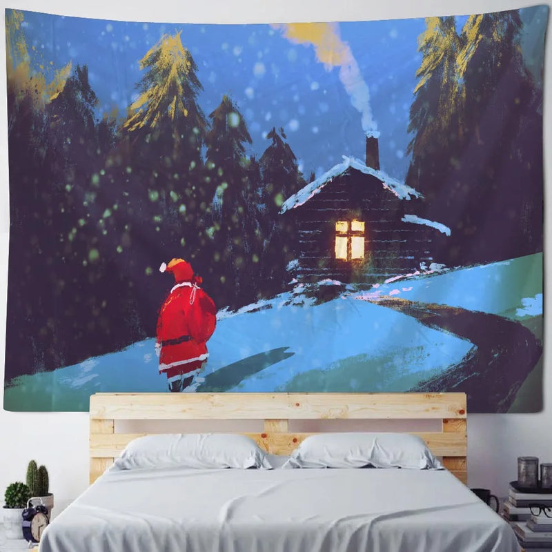 Christmas Tapestry Wall Hanging Winter Night Snowflake Elk Santa Claus Hanging Fireplace Blanket Gift Home Wall Decorations