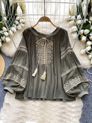 Women's Bohemia Blouse Embroidered Autumn Spring O-neck Collar Bow Tie Lantern Sleeve Top Blusas Mujer Female Tops BL020