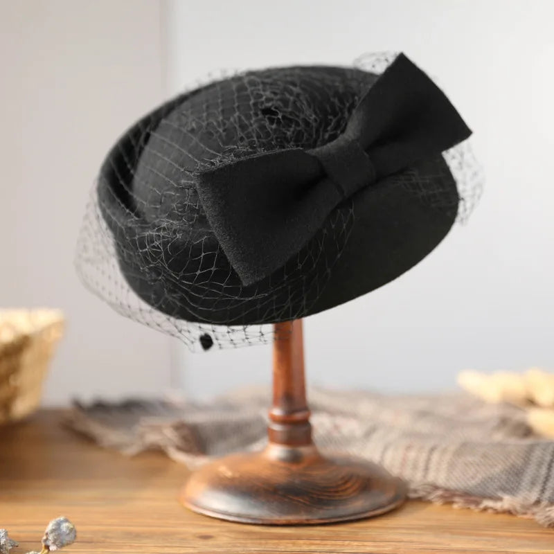 100% Wool Fashion Cashmere Top Bow Hat with Veil Photography Cocktail Tea Party Decoration Autumn Winter Hat