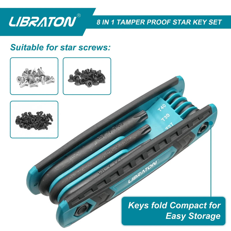 Libraton 8 in 1 Tamper Proof Star Key Set (Folding) Security Torx Key Set Sizes Include T-9 to T-40, CR-V Steel Metric