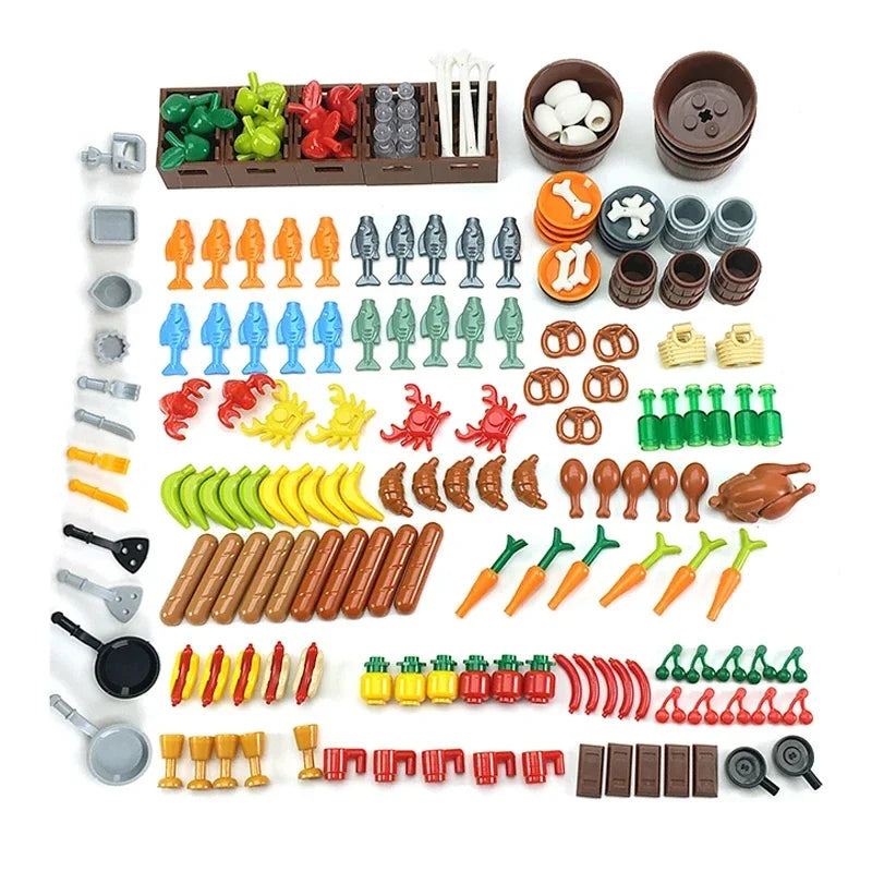 DlY Mini Food Building Block Figures Bread Fish Fruit Chicken Crab Hot Dog Cake Pizze Carrot Box Creative Toys City Parts Brick