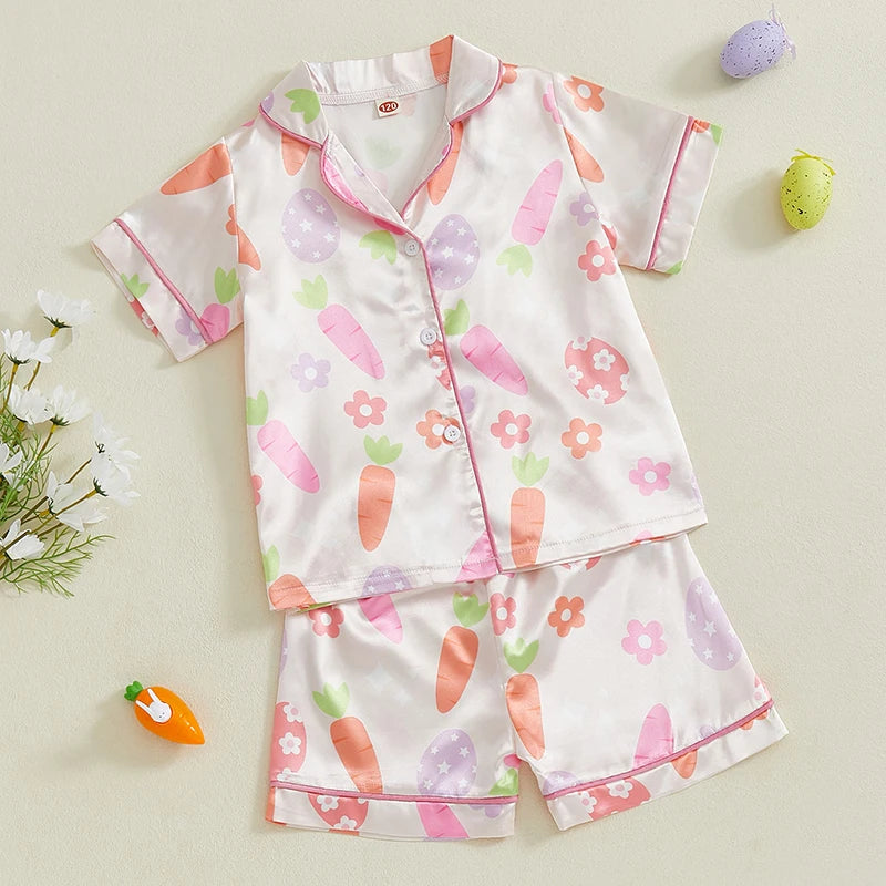 3-7Years Kids Girls Pajamas Set Eggs Flowers Carrots Print Short Sleeve Turn-down Collar Tops with Shorts Easter Sleepwear
