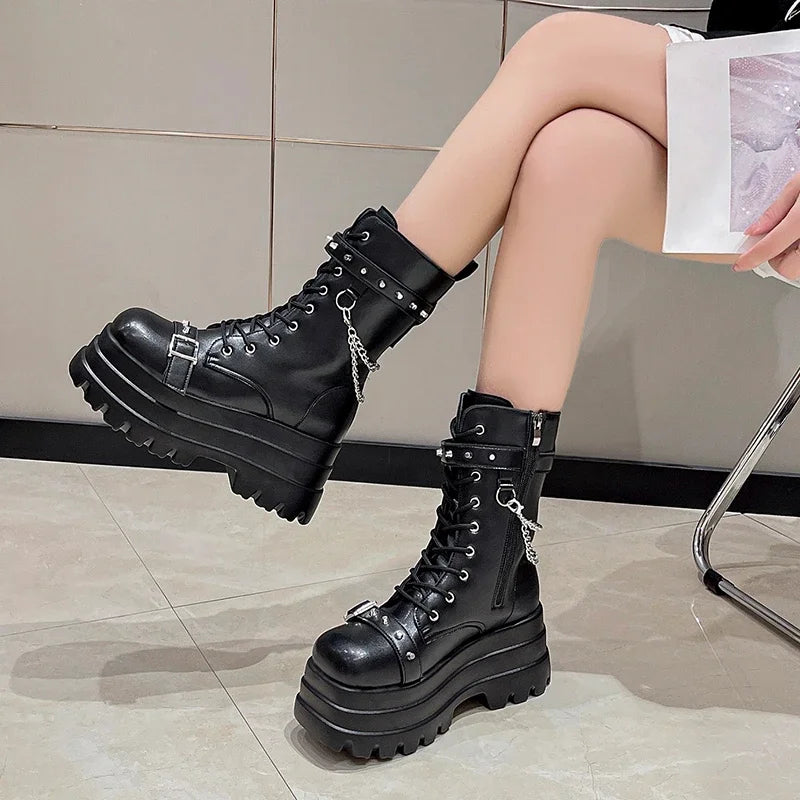 Platform Thick Gothic Boots Lady Buckle Autumn Shoes Women Wedges Knee High Boots Punk Street Cosplay Botas Motorcycle Chain