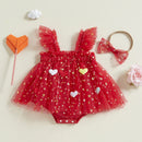 Adorable Baby Girl  Ruffle Sleeve Heart Print Tutu Dress with Matching Headband Set for Summer Outfits
