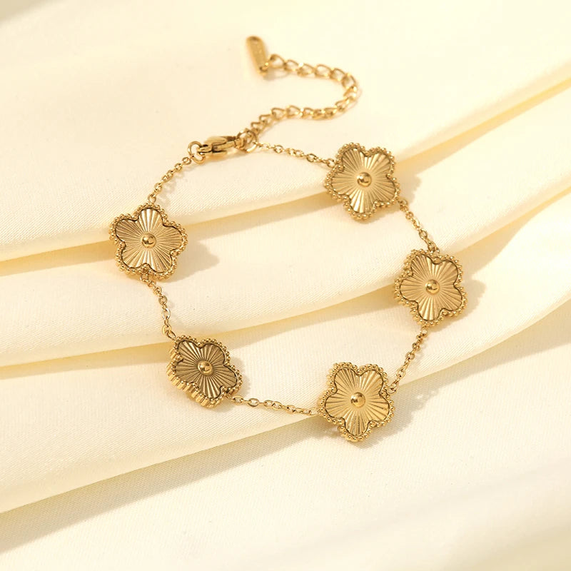 GANEMLY 316L Stainless Steel Golden Plum Blossom Plant Five Leaf Flower Set Necklace Earrings Bracelet Women Clover Jewelry Gift