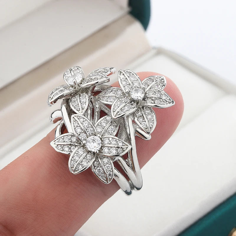 2024 New High Pear Shaped Branch Flower Zircon 925 Stamp Ring for Women's Fashion Flower Diamond Big Ring Party Birthday Gift