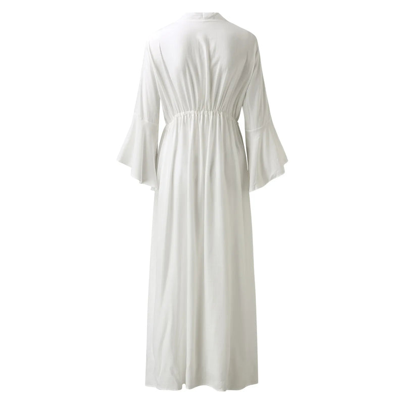 Elegant Women Beach Cover Ups Maxi Dress Ruffled Cardigan Kimono Swimwear Button Down Long Sleeve Sunscreen Solid Cover Ups
