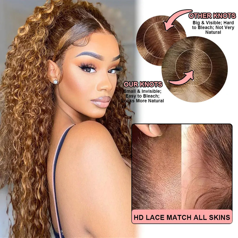 4/27 Highlight Curly Glueless Wigs Human Hair Ombre Colored Deep Wave 7x5 Lace Closure Wig Human Hair Wigs Pre Cut Ready To Wear