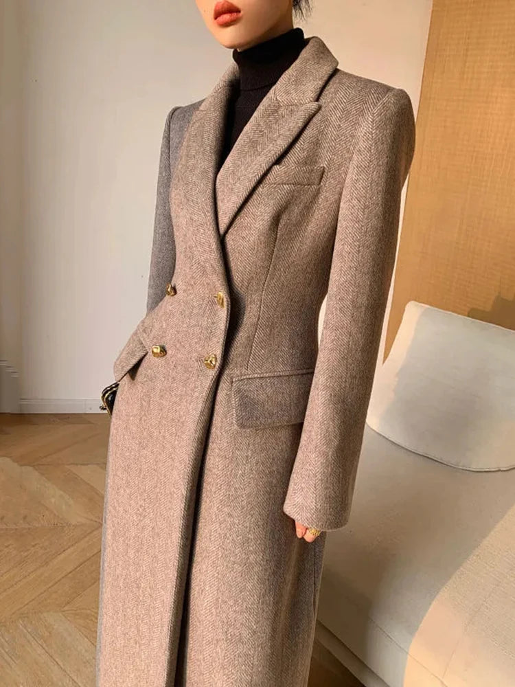 2024 Long Wool Coat Women Elegant Woolen Blazer Jackets Vintage Korean Slim Suit Overcoat Winter Office Lady Casual Outwear