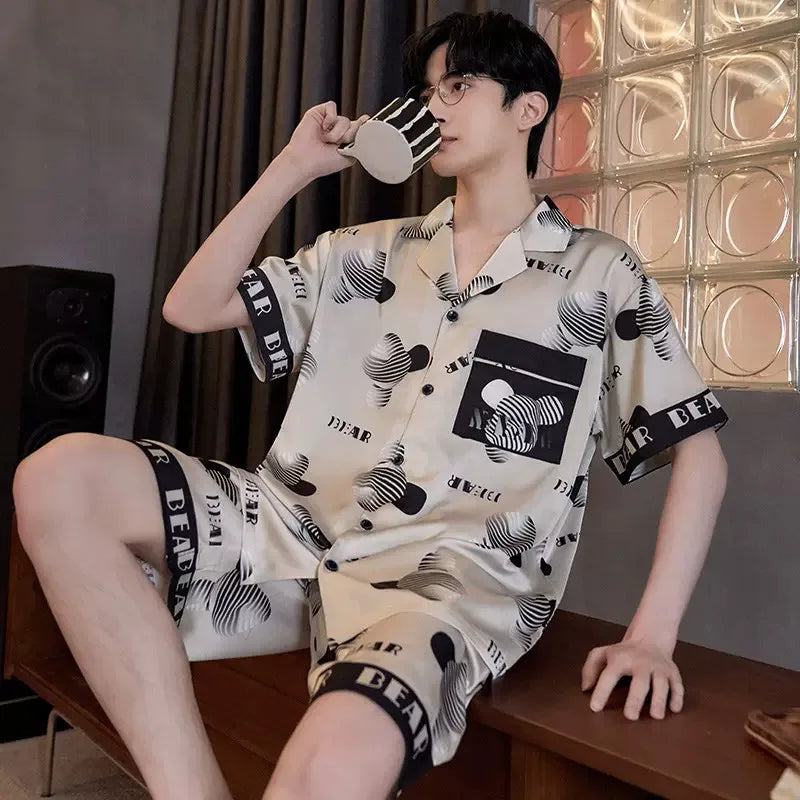 2PCS/Set Plus Size Men Pajamas Short-Sleeved Shorts Casual Buttons Student Teenage Homewear Letters Three-Dimensional Bear Cardi