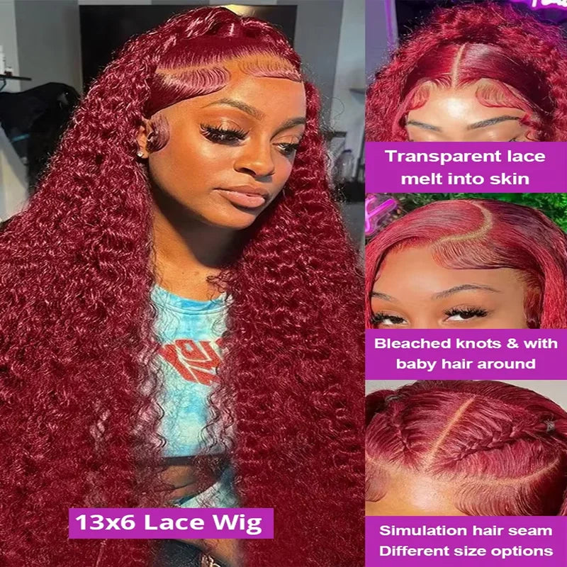Deep Wave 99J Burgundy 13x4 13x6 HD Lace Frontal Wig Human Hair Transparent Lace Wigs Brazilian Red Colored