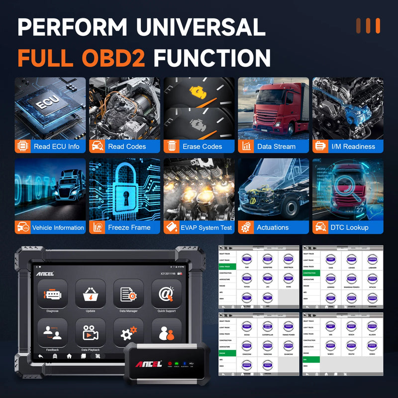 ANCEL X7 HD Heavy Duty Truck Diagnostic Tool TPMS DPF Regen ABS SAS ECU Oil Reset Full System OBD2 Truck Scanner 24V/12V Cars