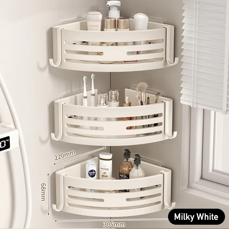 White Bathroom Shelves with Towel Bar and Hooks Shampoo Mackeup Storage Organizer Self Adhesive Wall Mounted Shower Corner Rack