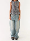 Stylish Halter Neck Crop Top Fashionable Sleeveless Checkered Blouse for Casual Outings and Nightlife Events