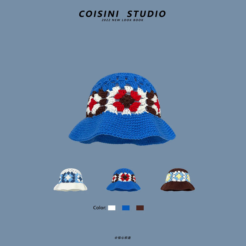2024 New Korean-Japanese Hand Buckle Crochet Bucket Hat Spring and Autumn Winter Sun Hat Female Cherry Designer Bob Basin Hat