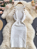 New Button Details Sleeveless Knitted Bodycon Dress Women Summer Elegant Stretchy Dress Vintage Solid Dress