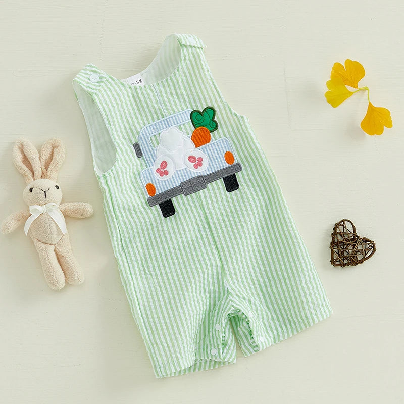 Easter Bunny Romper with Carrot Embroidery and Striped Truck Design Sleeveless Crew Neck Jumpsuit for Infant Spring Outfit