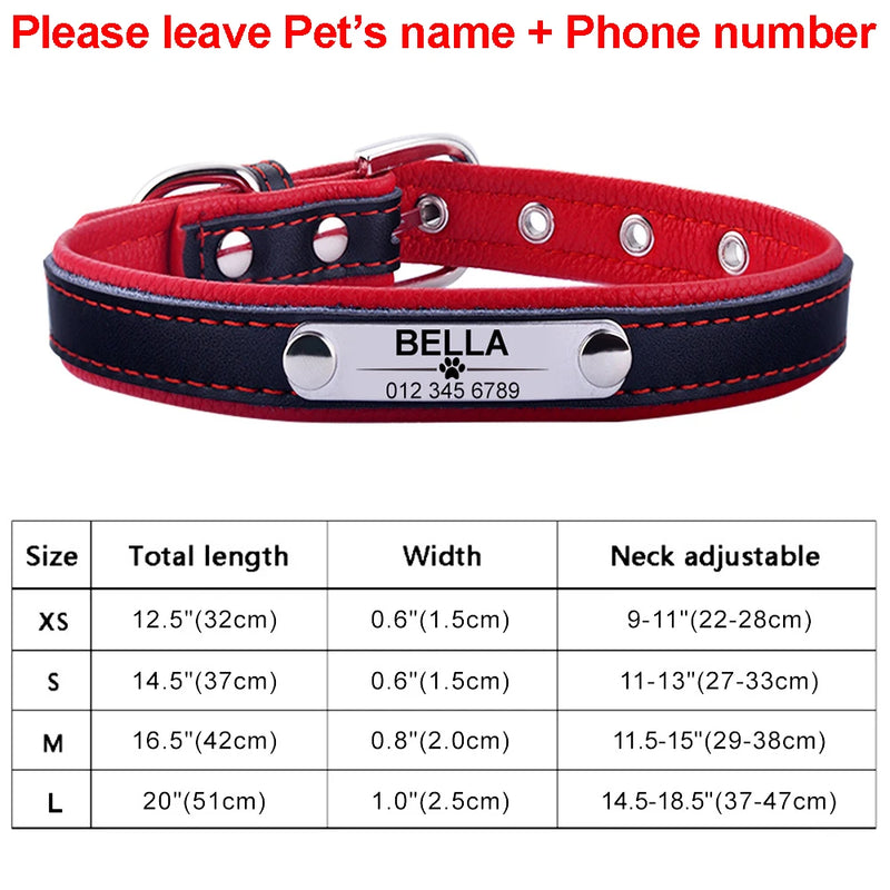 Leather Dog Collar Personalized Custom Engraved Name Plate Puppy Pet Dogs XS/S/M/L Dog Tag