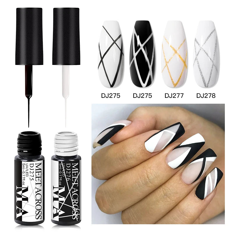 MEET ACROSS 5ml Liner Nail Gel Polish 28 Colors Black White French Pull Line Painting Varnish For UV Nails Art Design Manicure