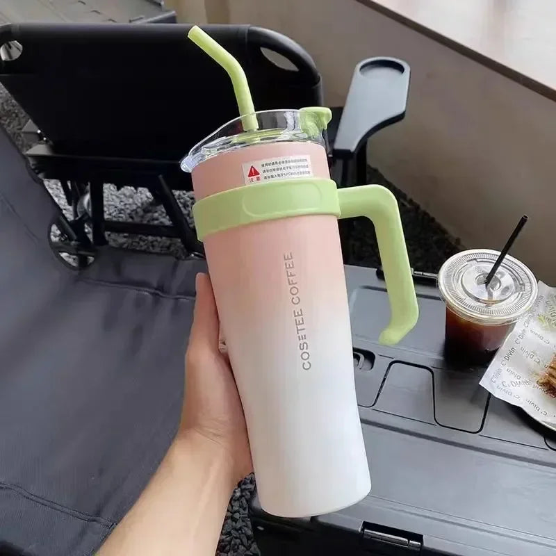 Car-Mounted Dormitory EssentialSam Straw Water Cup Stainless Steel Thermos Cup Large Capacity New Flat Cup Cup with Lid