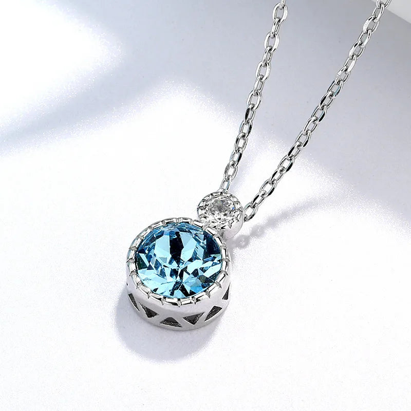 Popular 925 Sterling Silver Blue Zirconia Necklace Charm Minimalist Style Pendant Choker Birthday Gift for Women's Fine Jewelry
