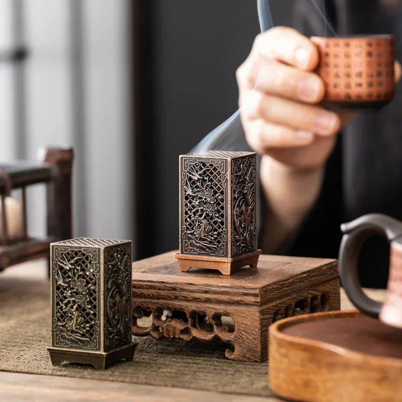 Square Vertical Incense Burner Small Xiangyun Alloy Incense Holder Indoor Aromatherapy Home Ornament Chinese Plum Inense Burners