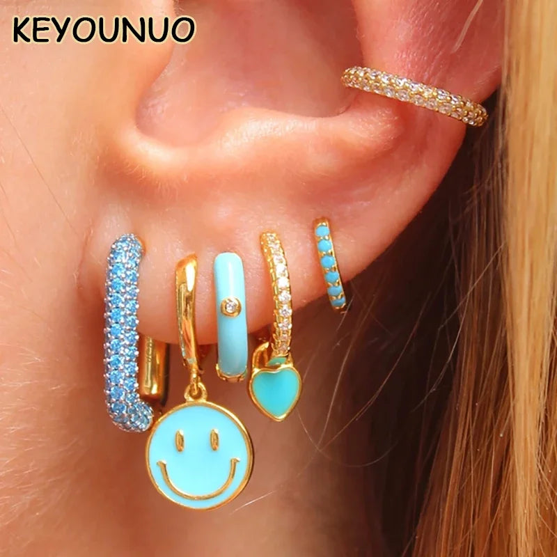 KEYOUNUO Gold Plated Drop Hoop Earrings Set for Women EarCuffs Blue Zircon Enamel Dangle Earrings 2023 Fashion Jewelry Wholesale