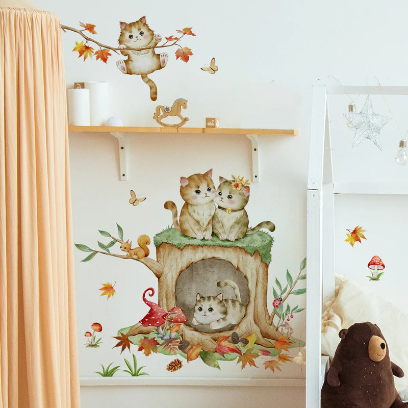 Lovely Cat Hanging Branches Butterfly Wall Stickers For Kids Room Children Bedroom Cute Animals Wall Decals Nursery Decor Mural