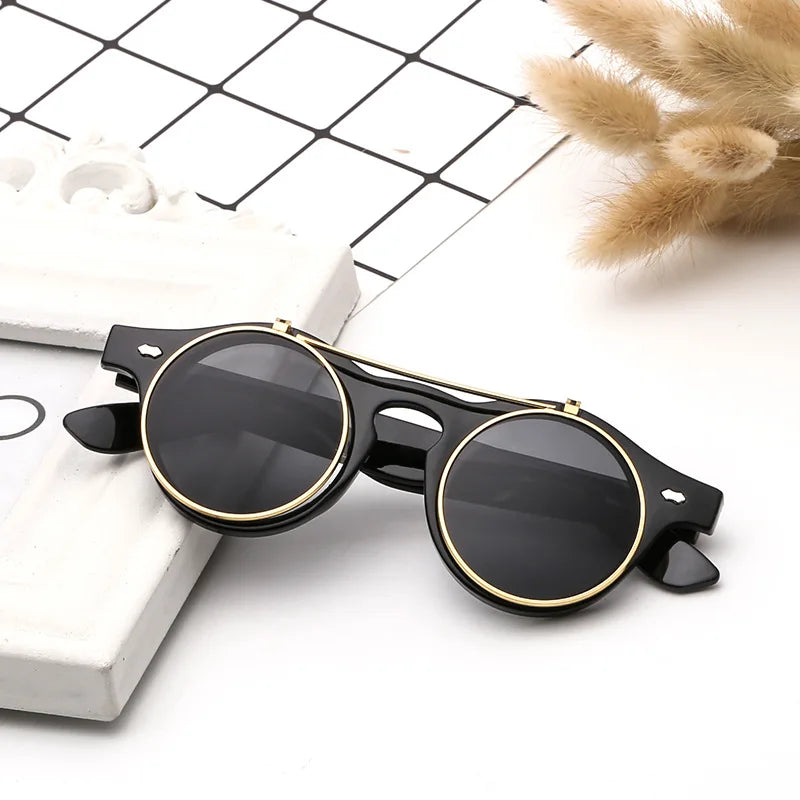 Classic Steampunk Goth Glasses Goggles Round Flip Up Sunglasses Retro Vintage Fashion Accessories Trend Round Eyeglass