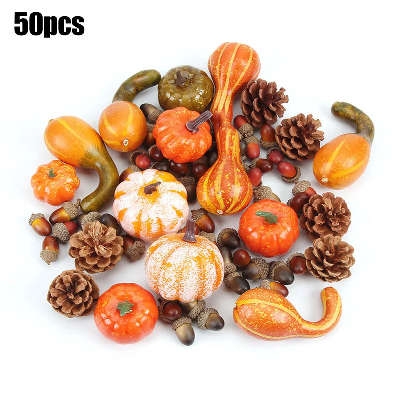 50Pcs Halloween Artificial Pumpkin Autumn Fall Wreath Maple Leaves Pine Cones Set For Christmas Thanksgiving Decor Fall Pumpkin