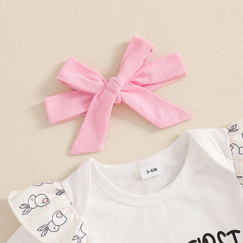 Adorable Baby Easter Outfit with Bunny Print Romper Ruffled Shorts Headband and Long Socks - 4 Piece Set for Your Little Girl