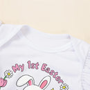 Toddler Girls Spring Floral Print Ruffle Sleeve Romper with Matching Bow Headband and Tulle Skirt - Easter Outfit