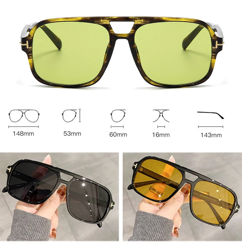 SO&EI Retro Double Bridges Square Women Luxury Sunglasses Fashion Clear Ocean Lens Shades UV400 Men Sun Glasses