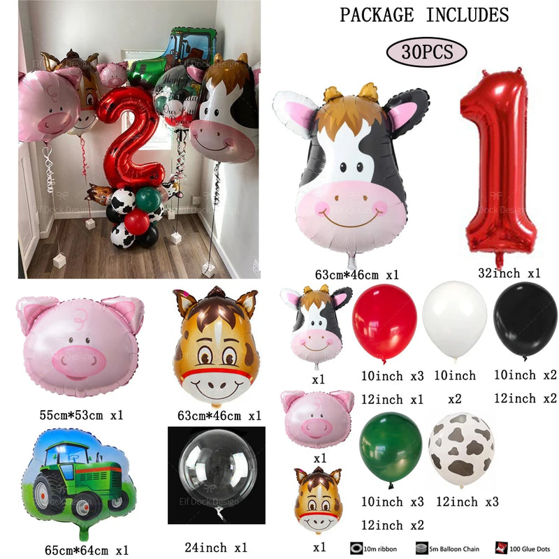 30pcs Farm Theme Green Tractor Cow Pig Inflatable Balloons 32inch Red 1-9 Number Balloon Happy Birthday Party Decor Baby Shower