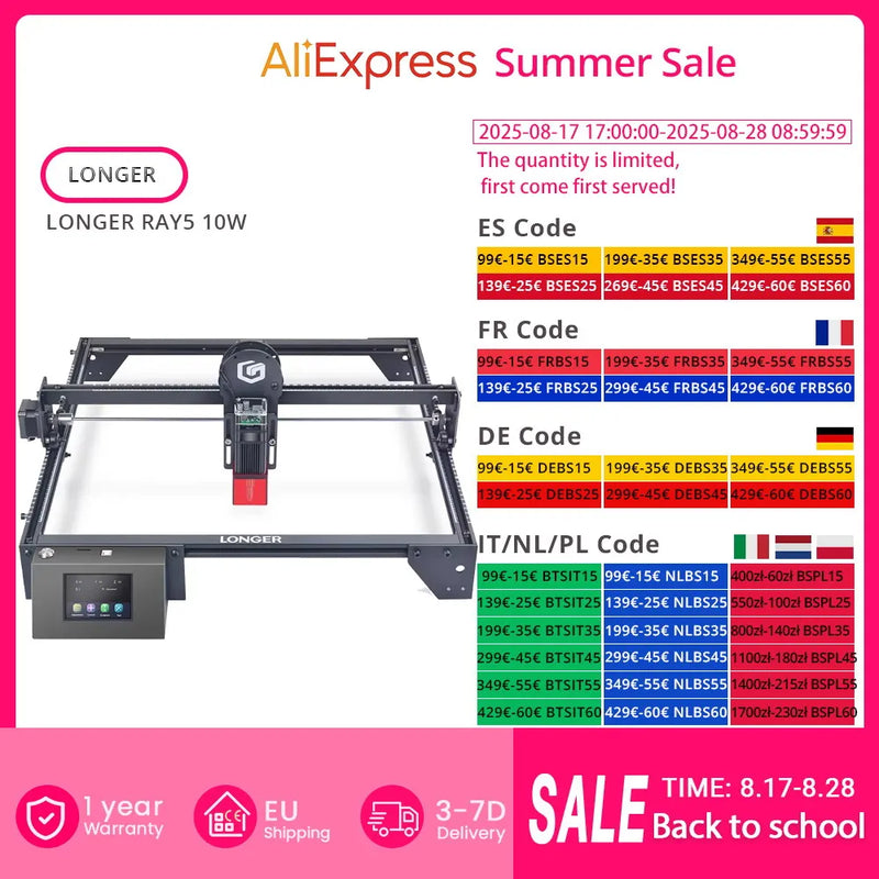 LONGER RAY5 10W Laser Engraver, 0.06x0.06mm Laser Spot, Touch Screen, Offline Carving, 32-Bit Chipset, Working Area 400x400mm