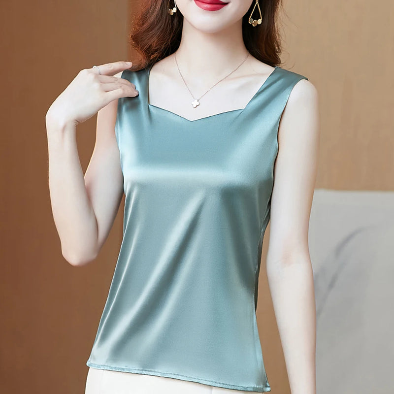 Korean Fashion Summer Silk Tank Tops Women Office Lady Solid Satin Camisole Vest Female Casual Loose Basic Tops For Women