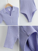 GOPLUS Bodysuit Women Sexy One Piece Summer Bodysuits Turn Down Collar Short Sleeve Black White Knitted Tops Body Femme C10933